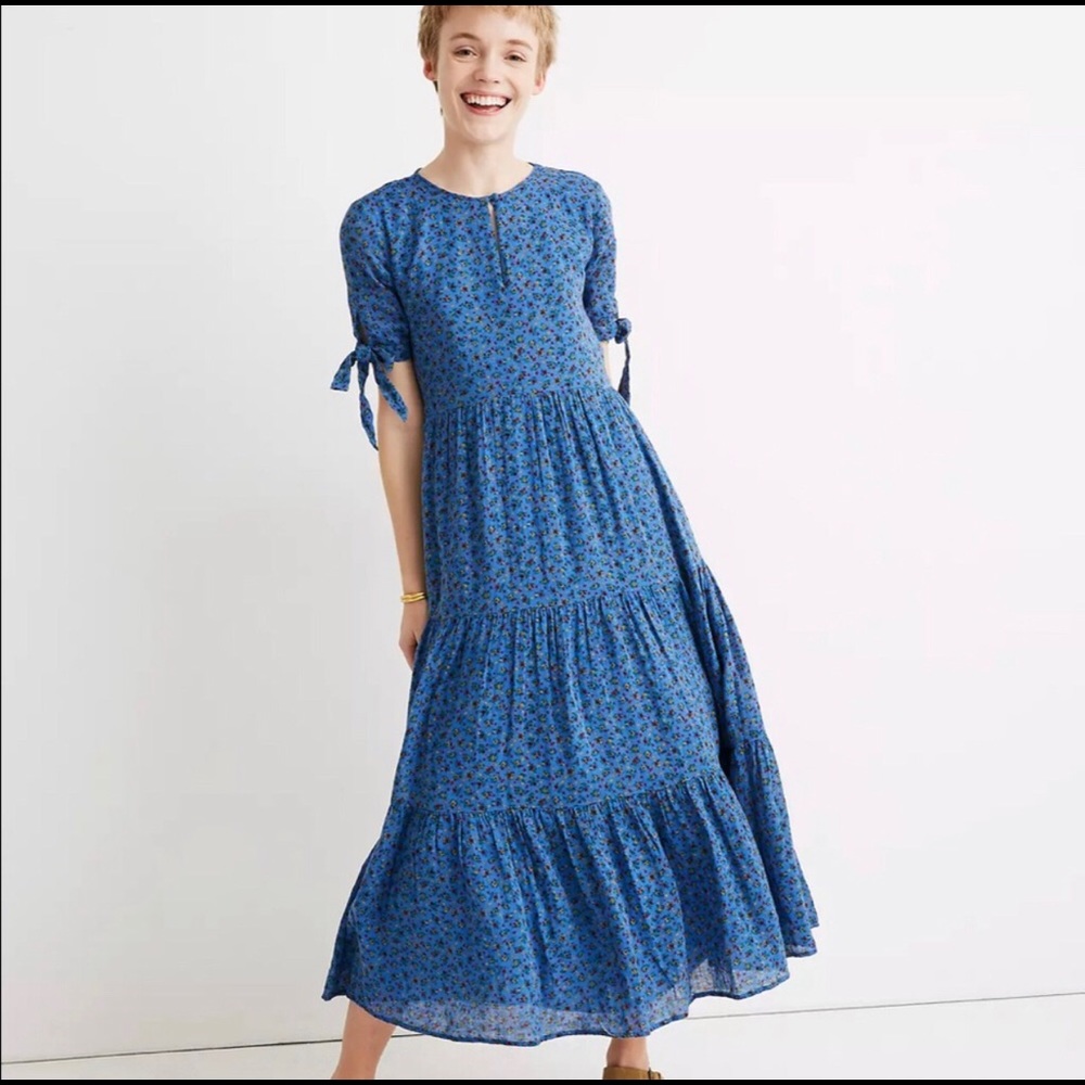 Madewell Floral Tie-Sleeve Tiered Midi Dress